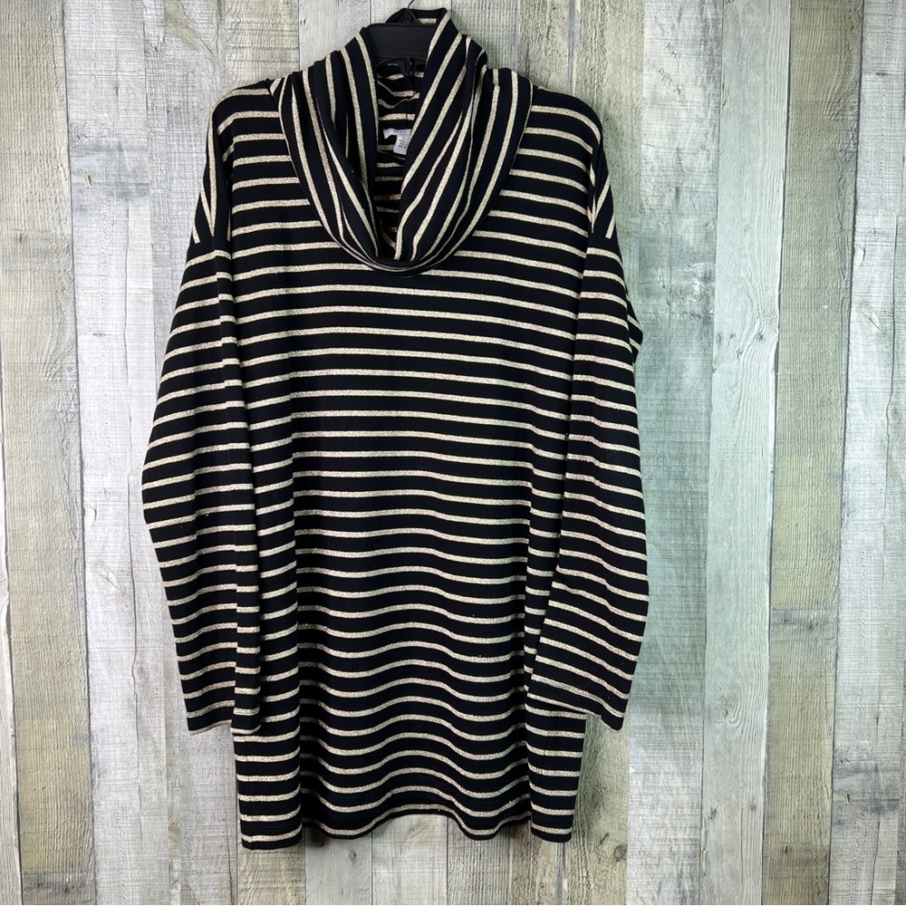 Joan Vass Size 3 Black & Glitter Gold Cowl Neckline Long Sleeve Tunic Top